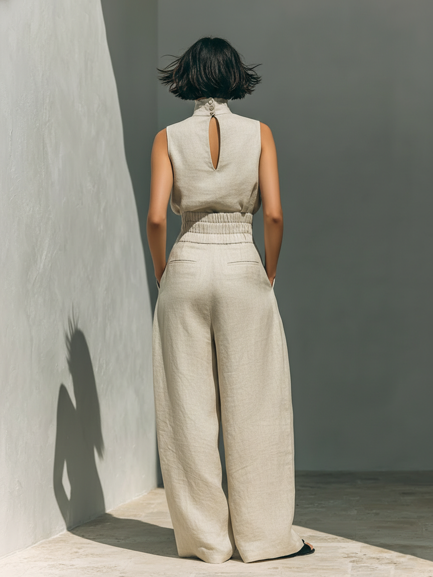 Maria | Conjunto Top y Pantalón Ancho Algodón Lino Blanco.